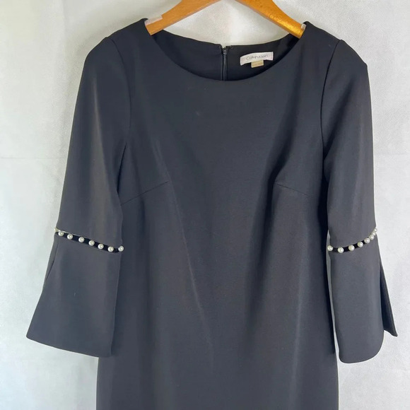 Calving Klein LBD Black Scoop Neck Pearl Sleeve Sheath Dress Classy Sz 4 - Picture 3 of 9